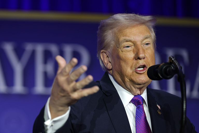 President Donald Trump speaks during the 74th annual National Prayer Breakfast at the Washington Hilton on February 5, 2026 in Washington, DC. President Trump is joined by bipartisan Congressional members, business, and religious leaders to pray for the nation. (Photo by Alex Wong/Getty Images)