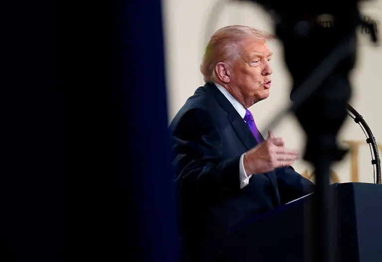 President Donald Trump speaks during an event on drug pricing in the South Court Auditorium on the White House campus on February 5, 2026 in Washington, DC. The president announced the launch of TrumpRx, which the White House said would help lower prescription drug prices. (Photo by Nathan Howard/Getty Images)
