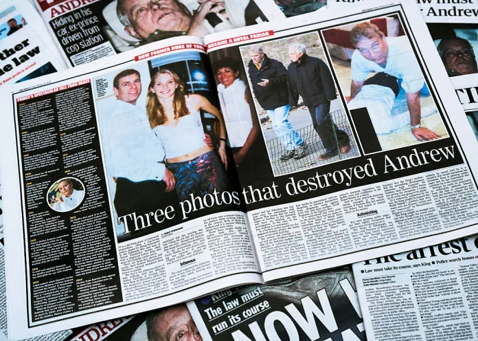 In this photo illustration, multiple British newspapers with an image and joining story of Andrew Mountbatten-Windsor are seen on February 20, 2026 in London, England. Andrew Mountbatten-Windsor was arrested on his 66th birthday, 19 February 2026, on suspicion of misconduct in public office following revelations contained in the Epstein files. The former duke has denied any wrong doing in relation to his association with Jeffrey Epstein. (Photo Illustration by Gareth Cattermole/Getty Images)