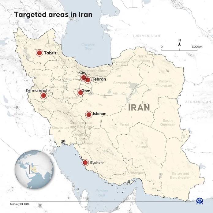 ANKARA, TURKIYE - FEBRUARY 28: An infographic titled "Targeted areas in Iran" created in Ankara, Turkiye on February 28, 2026. The cities of Tabriz, Isfahan, Qom, Karaj, Bushehr, and Kermanshah were targeted in the attacks. (Photo by Bedirhan Demirel/Anadolu via Getty Images)