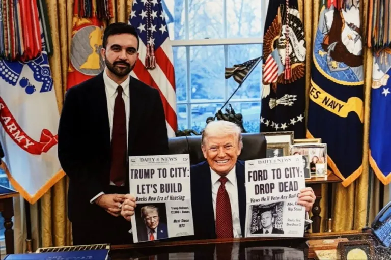 New York City Mayor Zohran Mamdani poses with President Donald Trump in the Oval Office