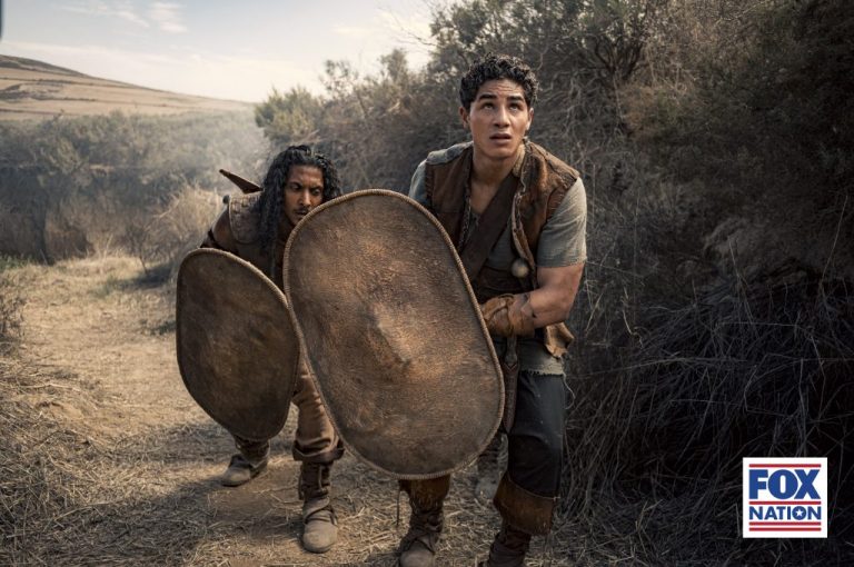 FORT OF SHARRAIM: DAVID and the 3 ELEAZAR; JOSHEB; SHAMMAH attack Sharram. They kill Philistine soldiers and are victorious. DAVID and the 3 stand surrounded by dead Philistine bodies. DAVID and the 3 pull out there short daggers.