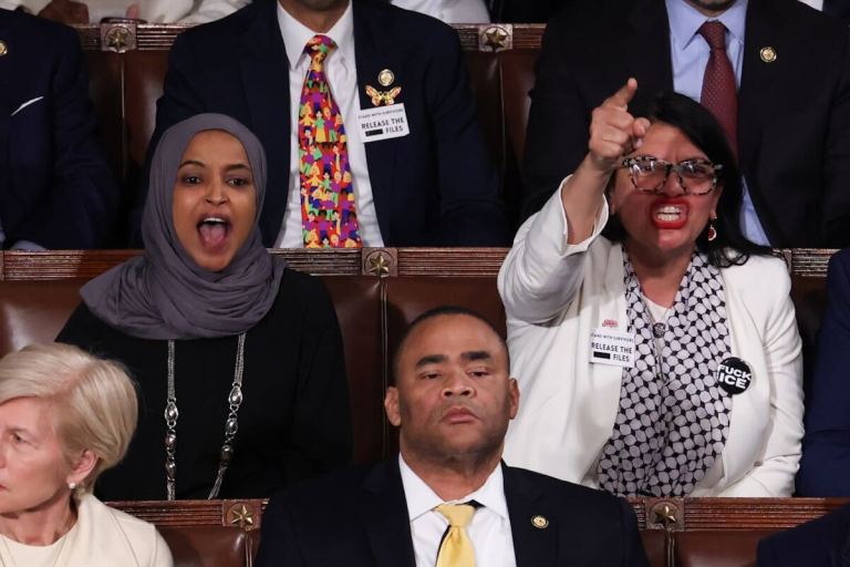 Reps. Rashida Tlaib and Ilhan Omar yell at President Donald Trump during his State of the Union address on Feb. 24, 2026. (Graeme Jennings/Washington Examiner)