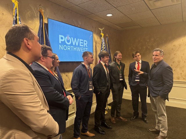 A group of students from Slippery Rock University, who are part of the local chapter of Turning Point USA, listen to Sen. Dave McCormick (R-PA) speak about growing the workforce in and around Hermitage, Pennsylvania.