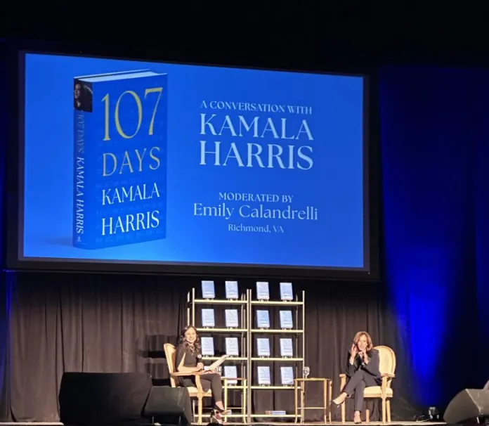 Former Vice President Kamala Harris speaks in Richmond, Virginia on Feb. 2, 2026 as part of her 107 Days book tour.
