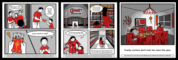 Three Lunar New Year ads shown from the Democratic Congressional Campaign Committee. They are part of a four-figure ad buy, which is launching on Feb. 13, 2026. (Provided by DCCC)