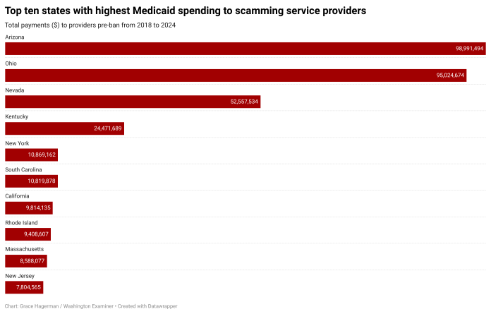 Bar graph showing the top 10 states with the highest Medicaid spending on scamming service providers, with Arizona leading at nearly $100 million.