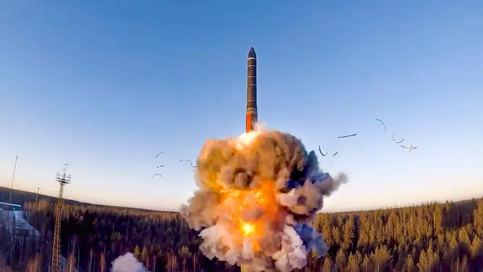Smoke erupts in bouts of orange and gray in this file photo taken from a video distributed by Russian Defense Ministry Press Service, on Dec. 9, 2020, in which a rocket launches from missile system as part of a ground-based intercontinental ballistic missile test launched from the Plesetsk facility in northwestern Russia. The United States and Russia have stopped sharing biannual nuclear weapons data under the faltering New START arms control treaty. U.S. officials say they had offered to continue to provide such information to Russia even after President Vladimir Putin suspended Russia's participation in the treaty, but that Moscow had declined to share its own data. (Russian Defense Ministry Press Service via AP, File) Screenshot