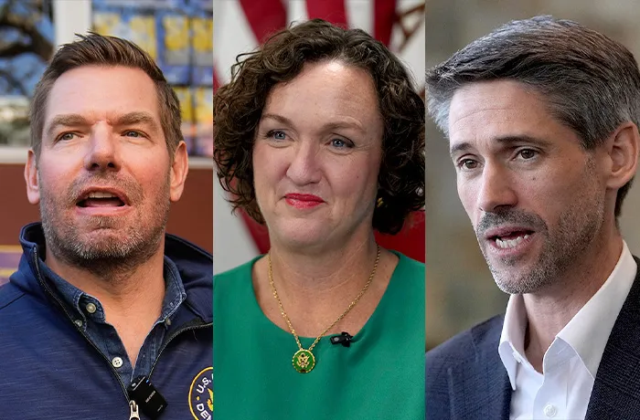 Collage of Rep. Eric Swalwell (D-CA), former Rep. Katie Porter, and San Jose Mayor Matt Mahan.