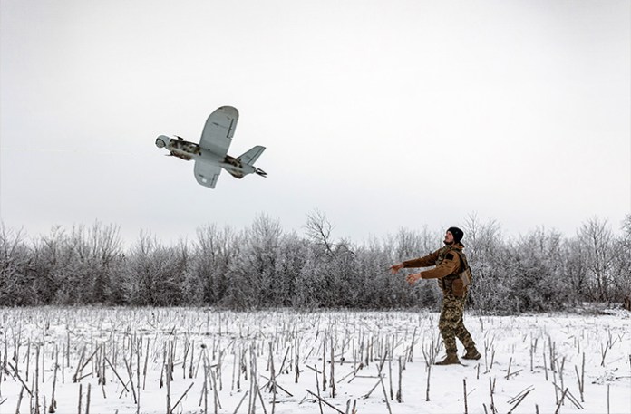 A Ukrainian soldier flies a reconnaissance drone in the direction of Kostiantynivka, amid the ongoing Russia-Ukraine war in Donetsk Oblast, Ukraine on January 22, 2026. (Diego Herrera Carcedo/Anadolu via Getty Images)