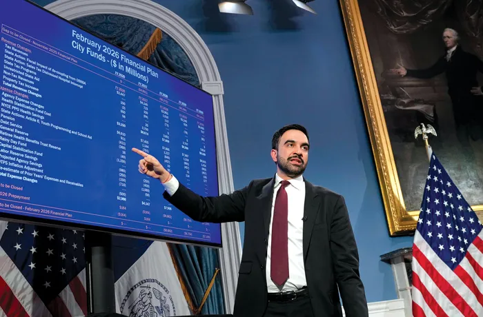 New York Mayor Zohran Mamdani speaks to reporters about the city’s finances during a news conference on Feb. 17. (Seth Wenig/AP)