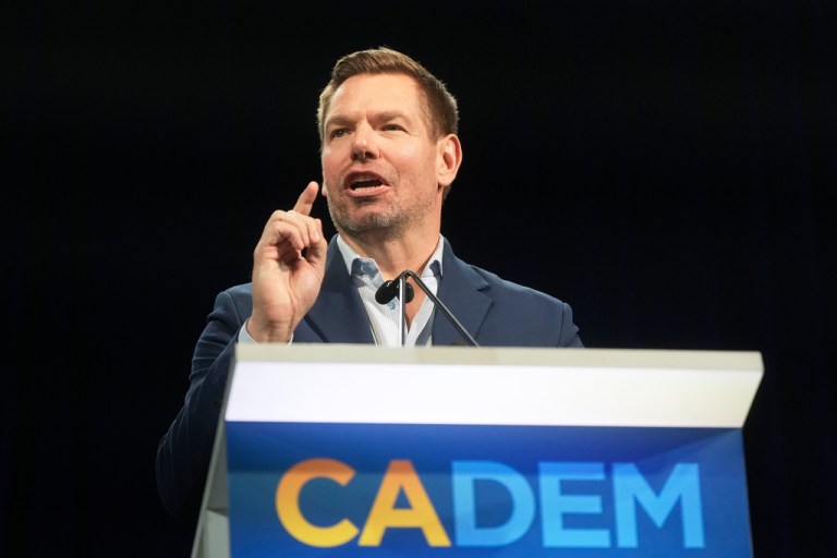California gubernatorial candidate Rep. Eric Swalwell (D-CA) speaks at the 2026 California Democratic Party State Convention in San Francisco, Saturday, Feb. 21, 2026. (AP Photo/Jeff Chiu)