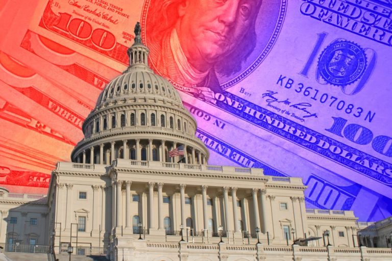 Capitol Building with a $100 bill dipped in orange and purple bannering the backdrop (Getty Images).