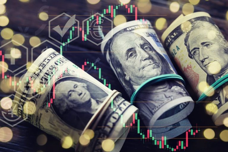 Investment, business financial, inflation, online financial graph trend concept. Increase arrows, growth stock graph data with candlestick on American dollars cash 100 bill banknote background.