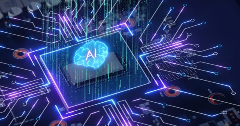 Digital art of a blue brain with AI written on it, surrounded by purple veins showing artificial intelligence and Big Tech