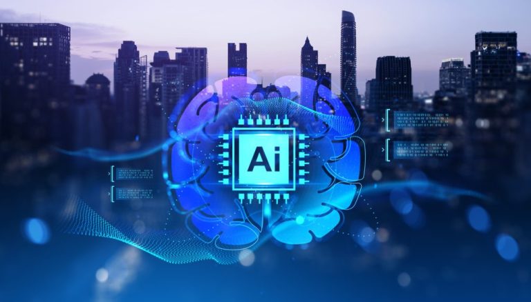 Futuristic AI brain chip hologram over city skyline at twilight.