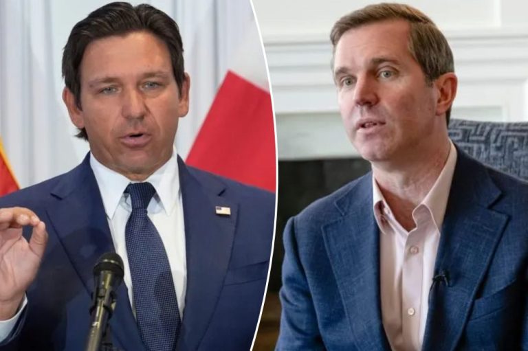 Govs. Ron DeSantis (R-FL), left, and Andy Beshear (D-KY), right. (AP Photo/Chris O'Meara, File, and AP Photo/Jon Cherry)