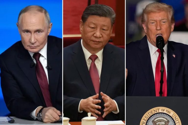 Vertical collage with Russian President Vladimir Putin, Chinese President Xi Jinping, and President Donald Trump. (AP)