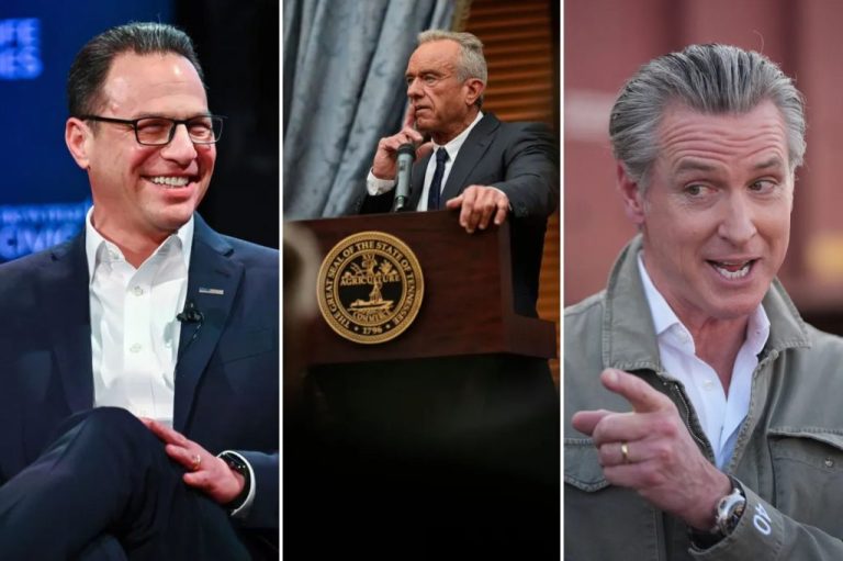 Collage of Josh Shapiro, Robert F. Kennedy Jr., and Gavin Newsom