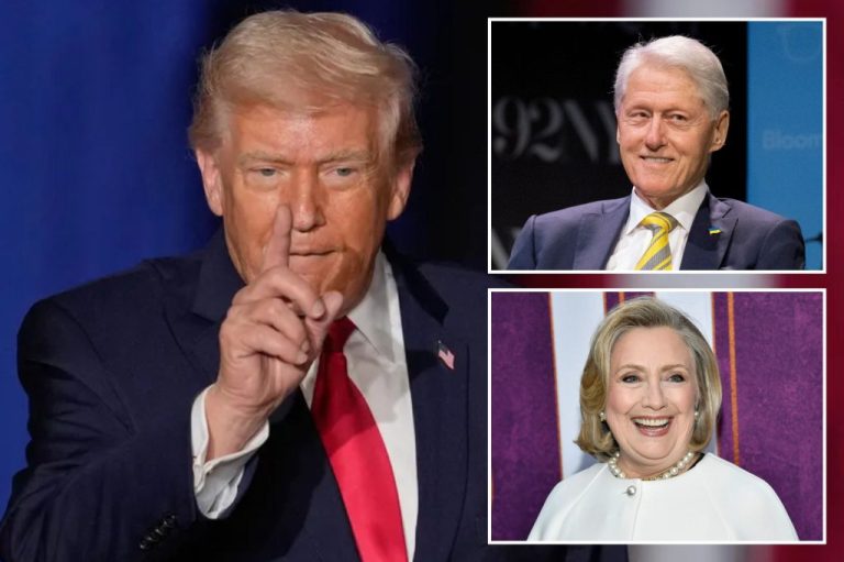 A collage of President Donald Trump, former President Bill Clinton, and former Secretary of State Hillary Clinton.