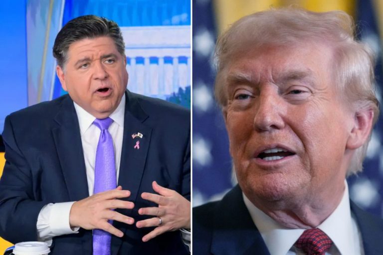 Left Illinois Gov. JB Pritzker; Right, President Donald Trump