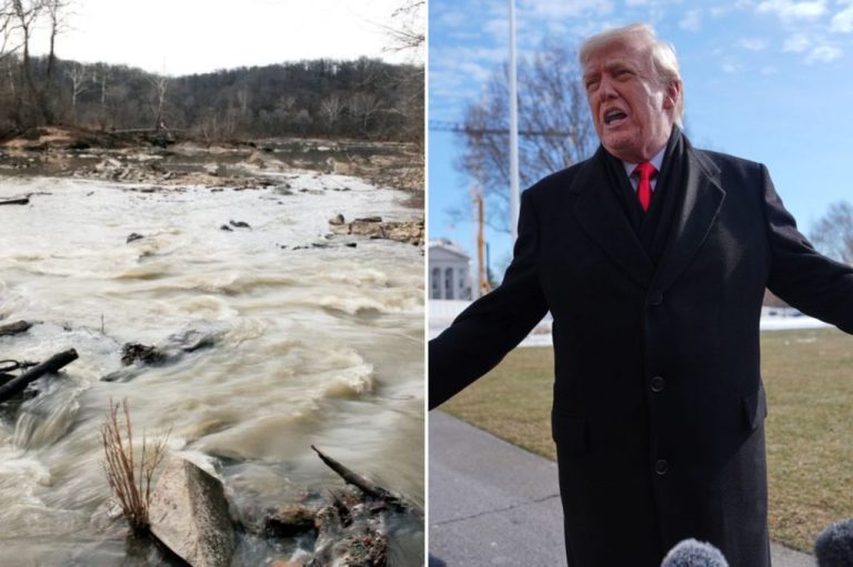 Collage of sewage from a massive pipe rupture flows into the Potomac River, left, and Trump in a coat, right, mischaracterizing Gov. Moore's role in the sewage spill when in reality it is under the federal government's jurisdiction.