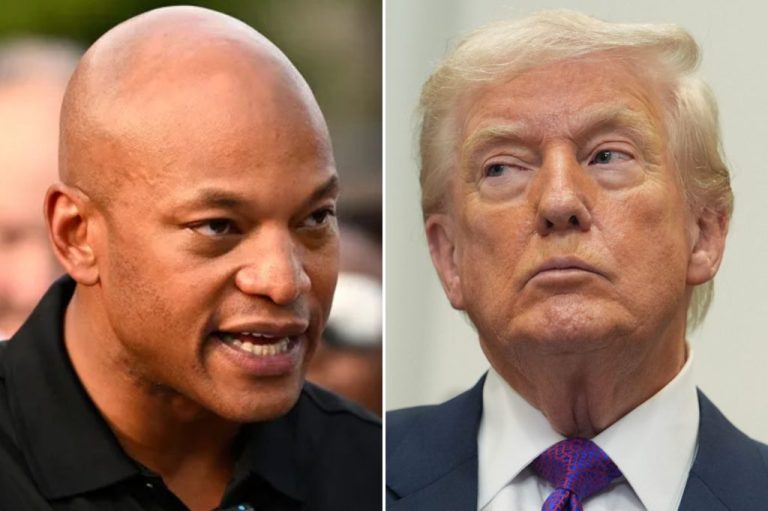 Collage of Gov. Wes Moore (D-MD) and President Donald Trump.