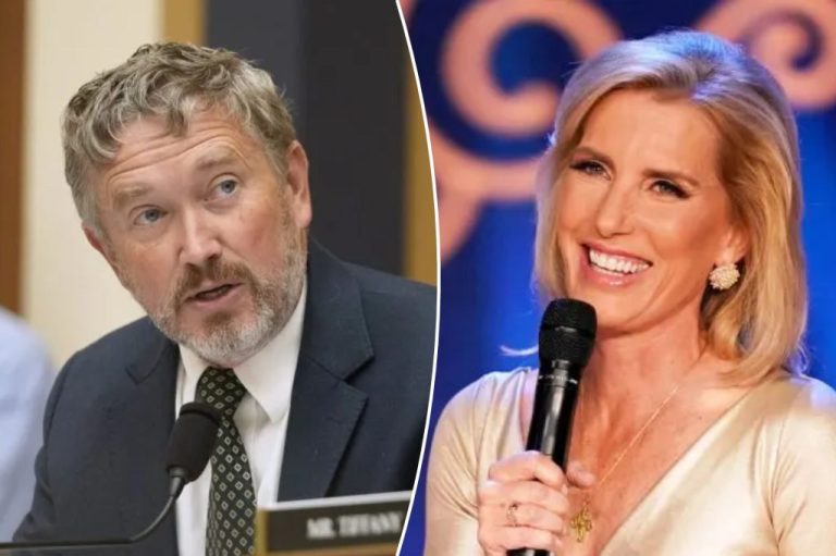 A collage of Rep. Thomas Massie (R-KY) and Fox News's Laura Ingraham.