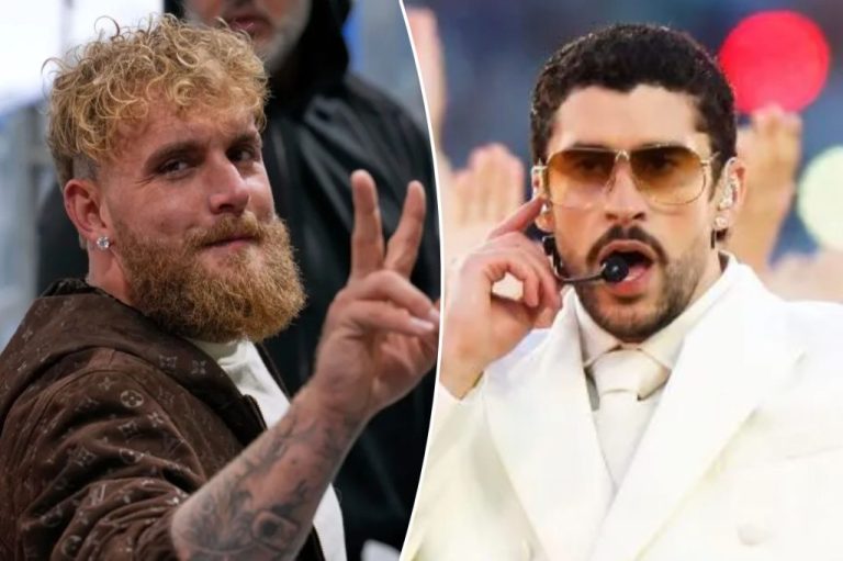 A collage of boxer Jake Paul and pop star Bad Bunny.