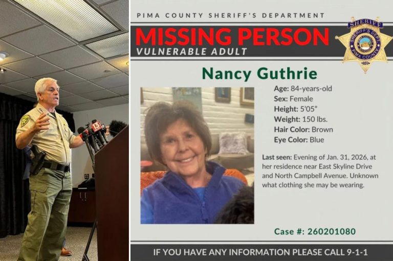 A collage depicting Pima County Sheriff Chris Nanos and a missing persons poster of Nancy Guthrie, mother of NBC's Today show coanchor Savannah Guthrie.