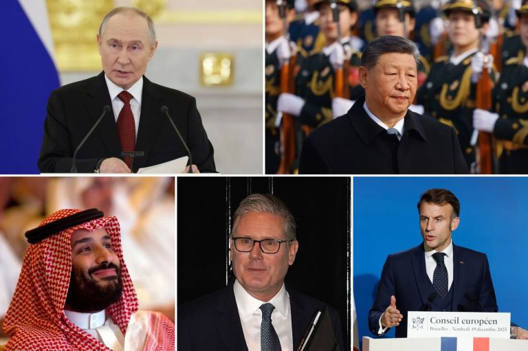 A collage of Russian President Vladimir Putin, Chinese President Xi Jinping, Saudi Crown Prince Mohammed Bin Salman, United Kingdom Prime Minister Keir Starmer, and French President Emmanuel Macron.