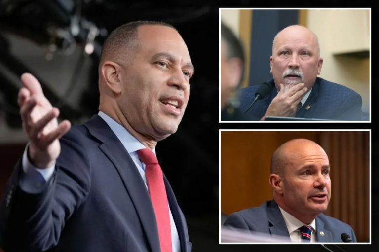 Collage with House Minority Leader Hakeem Jeffries (D-NY), left, Rep. Chip Roy (R-TX) top right, and Sen. Mike Lee (R-UT) on the bottom right. The House will vote on the SAVE America Act later this week.