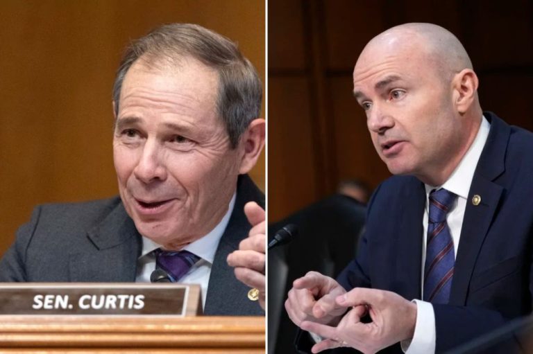 Sen. John Curtis (R-UT) speaks during a hearing, left, and Sen. Mike Lee, R-Utah, speaks during a confirmation hearing before the Senate Judiciary Committee for Kash Patel.
