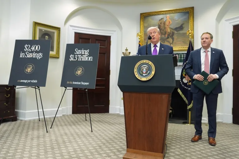 President Donald Trump speaks during an event with Environmental Protection Agency director Lee Zeldin announcing that the EPA will no longer regulate greenhouse gases, in the Roosevelt Room of the White House, Thursday, Feb. 12, 2026, in Washington. (AP Photo/Evan Vucci)