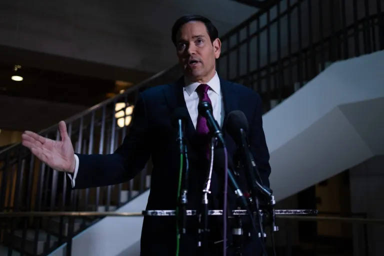 US Secretary of State Marco Rubio addresses the press.