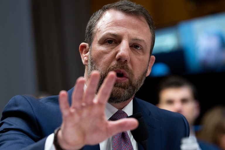 Sen. Markwayne Mullin (R-OK), the homeland security secretary nominee, testifies during a Senate Homeland Security and Governmental Affairs Committee confirmation hearing.
