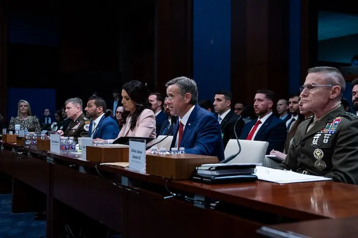 CIA Director John Ratcliffe, Director of National Intelligence Tulsi Gabbard, and FBI Director Kash Patel testify in front of the House Intelligence Committee on March 19, 2026.