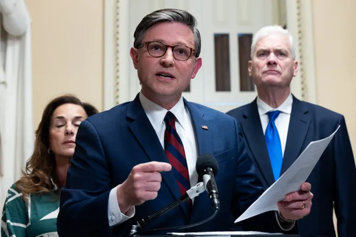 Speaker Mike Johnson (R-LA) talks to reporters on March 27, 2026, about a proposed continuing resolution to fund Department of Homeland Security until May 22. (Graeme Jennings/Washington Examiner)