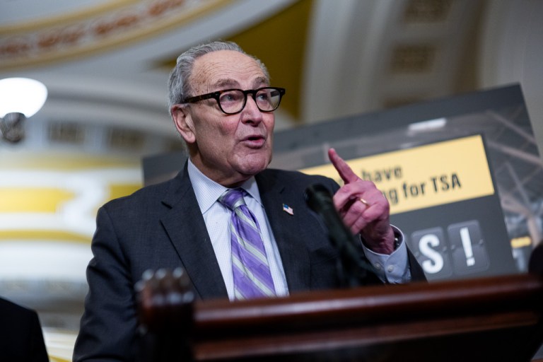 Senate Minority Leader Chuck Schumer (D-NY) speaks during a Senate luncheon press conference.