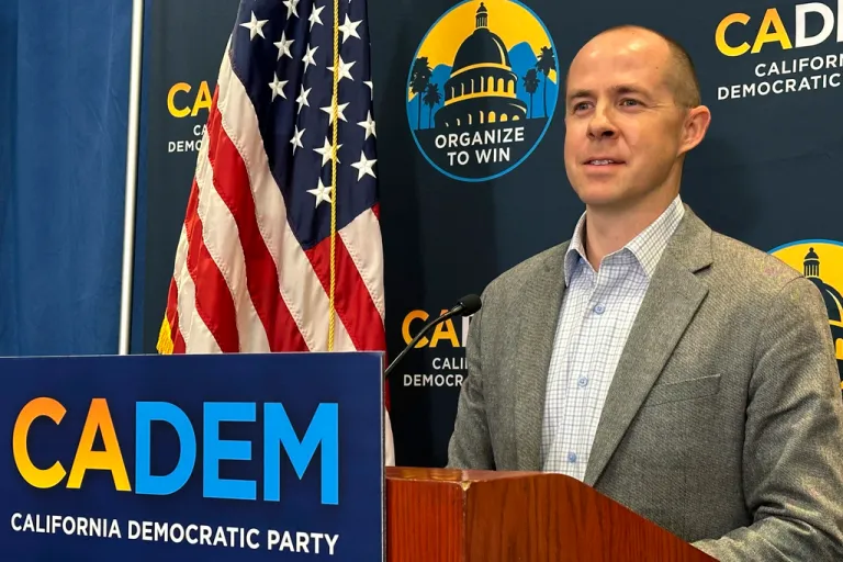 California Democratic Party Chair Rusty Hicks speaks during a news conference, Friday, Nov. 17, 2023, in Sacramento, Calif. The party is holding its endorsement convention, where delegates vote on whether to endorse candidates for the March 2024 primary election.