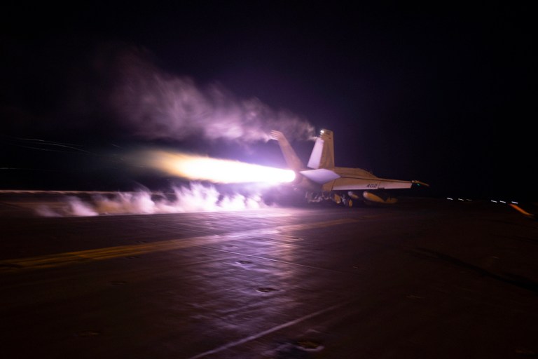 This image provided by the U.S. Navy shows an aircraft launching from USS Dwight D. Eisenhower (CVN 69) during flight operations in the Red Sea, Jan. 22, 2024.