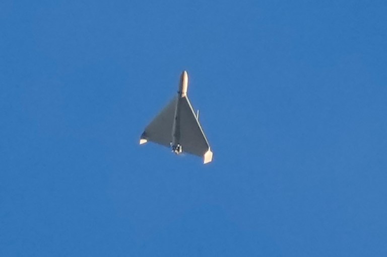 An Iranian Shahed exploding drone launched by Russia flies through the sky