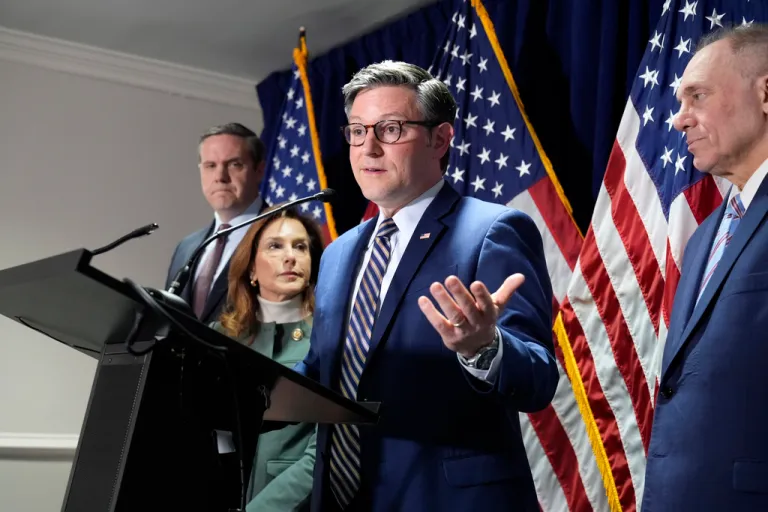House Speaker Mike Johnson, R-La., center, joined from left by Rep. Jeff Hurd, R-Colo., Republican Conference Chair Lisa McClain, R-Mich., and House Majority Leader Steve Scalise, R-La., during a news conference at the Republican National Committee headquarters in Washington, Wednesday, Jan. 22, 2025.