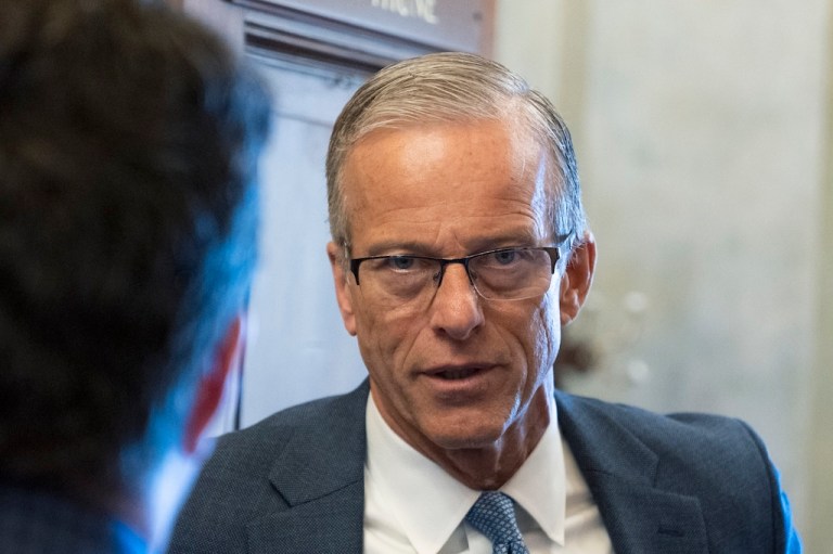 Senate Majority Leader John Thune, R-S.D., is followed by reporters as he walks from the chamber to his office as Republicans begin a final push to advance President Donald Trump's tax breaks and spending cuts package, at the Capitol in Washington, Monday, June 30, 2025. (AP Photo/Manuel Balce Ceneta)