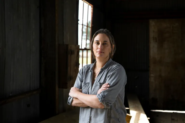 Hallie Shoffner, pictured on April 11, 2025, in this building that housed her family farm's cotton gin in Shoffner, Ark., formally announced her U. S. Senate bid.