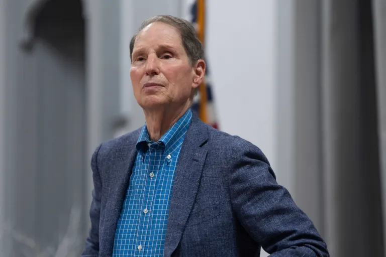 Ron Wyden listens during a town hall meeting on Friday, July 25, 2025, in Wasco, Ore.