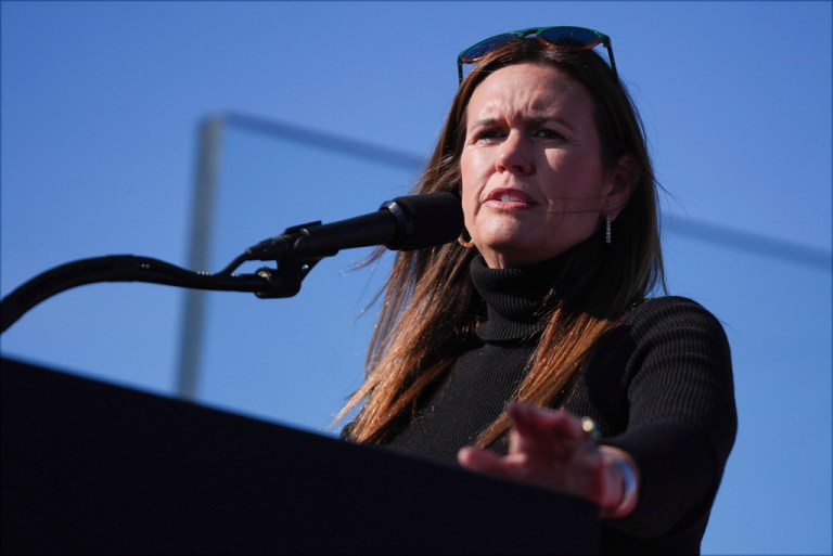 Arkansas Gov. Sarah Huckabee Sanders speaks at a campaign rally for presidential candidate, former President Donald Trump, in Lititz, Pa., Nov. 3, 2024.