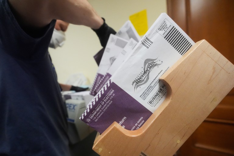 Mail-in ballots are sorted at City Hall on Tuesday, Nov. 4, 2025, in San Francisco. (AP Photo/Jeff Chiu)