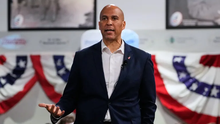 Sen. Cory Booker, D-N.J., addresses a gathering Friday, Nov. 14, 2025, in Manchester, N.H.