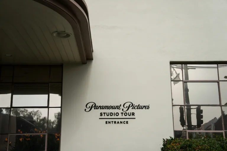A sign marks the Paramount Pictures studio tour entrance in Los Angeles, Wednesday, Dec. 17, 2025. (AP Photo/Jae C. Hong)